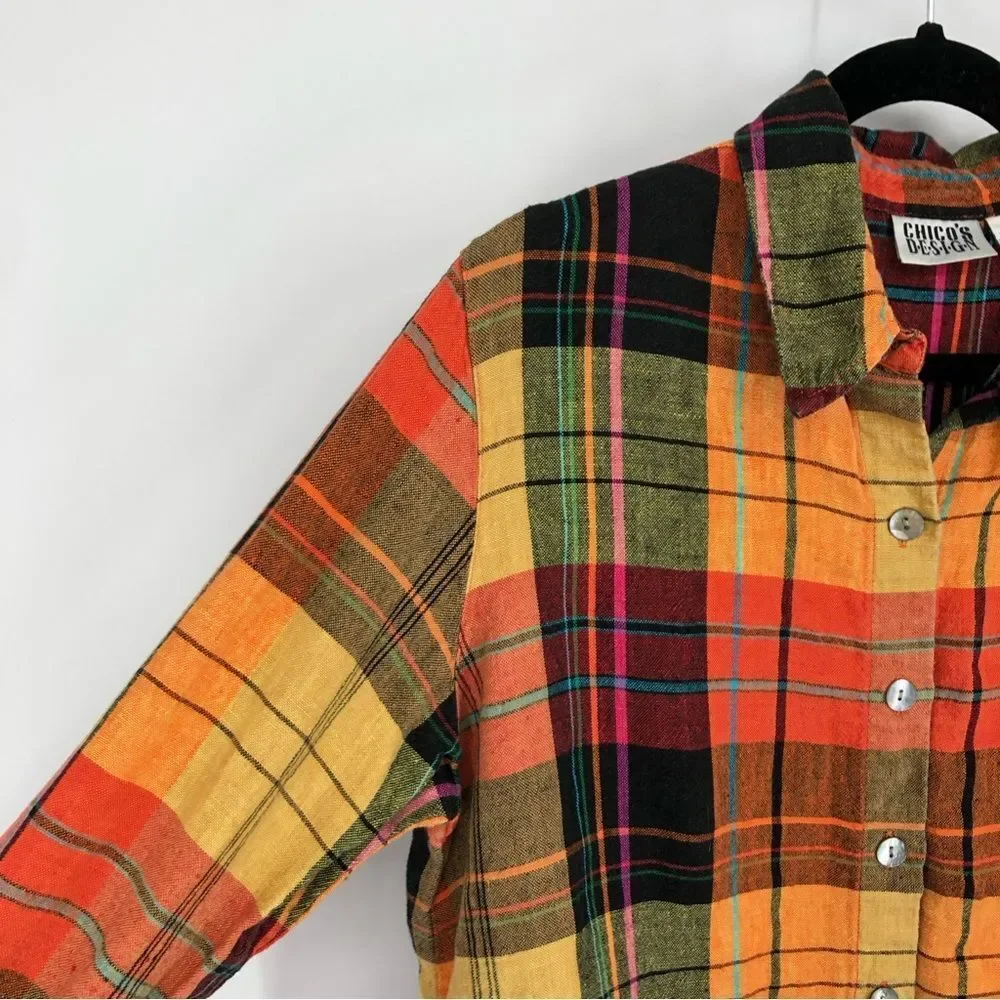 Vtg Chico’s Shirt Womens Large 100% Linen‎ Orange Plaid Button Front 3/4 Sleeve